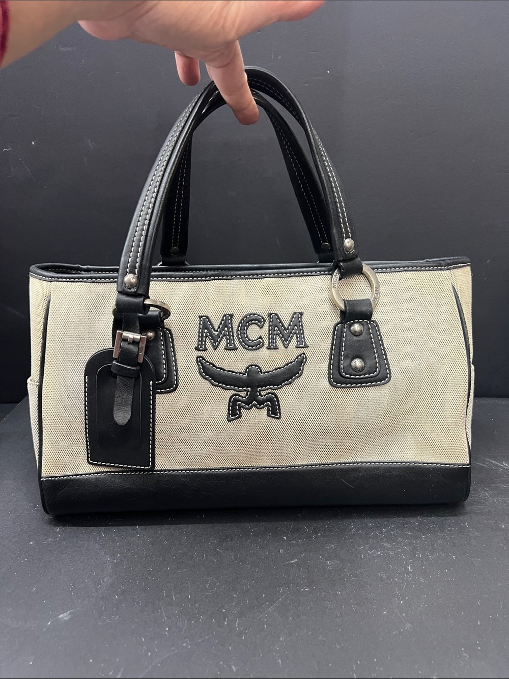 MCM Beige Canvas Tote with Black Leather Trim